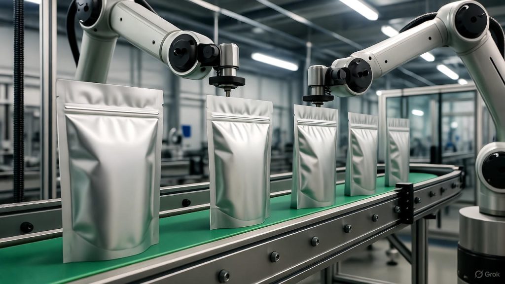 Automated packaging machine producing personalized stand-up mylar pouches