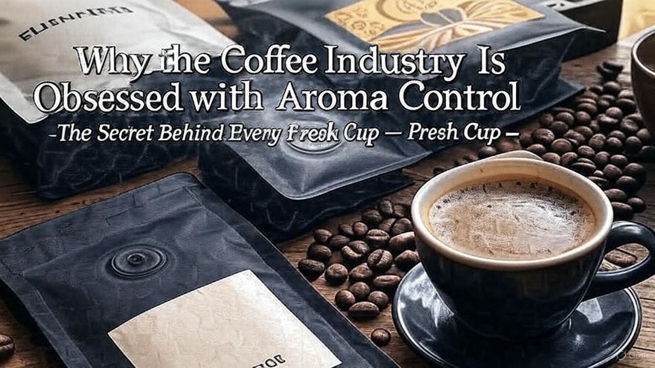 A steaming cup of fresh coffee with rising aroma and roasted beans, overlaid with the title “Why the Coffee Industry Is Obsessed with Aroma Control – The Secret Behind Every Fresh Cup –
