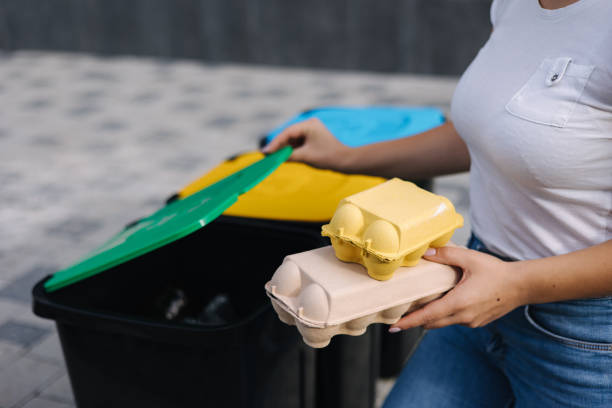 "A woman holding a plate of food scraps over a compost bin in her backyard."
