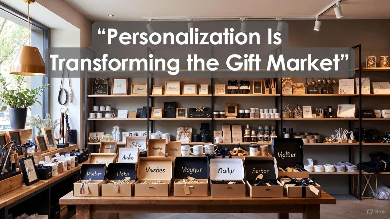 Modern gift shop with personalized items and a hook line about the evolving gift market.