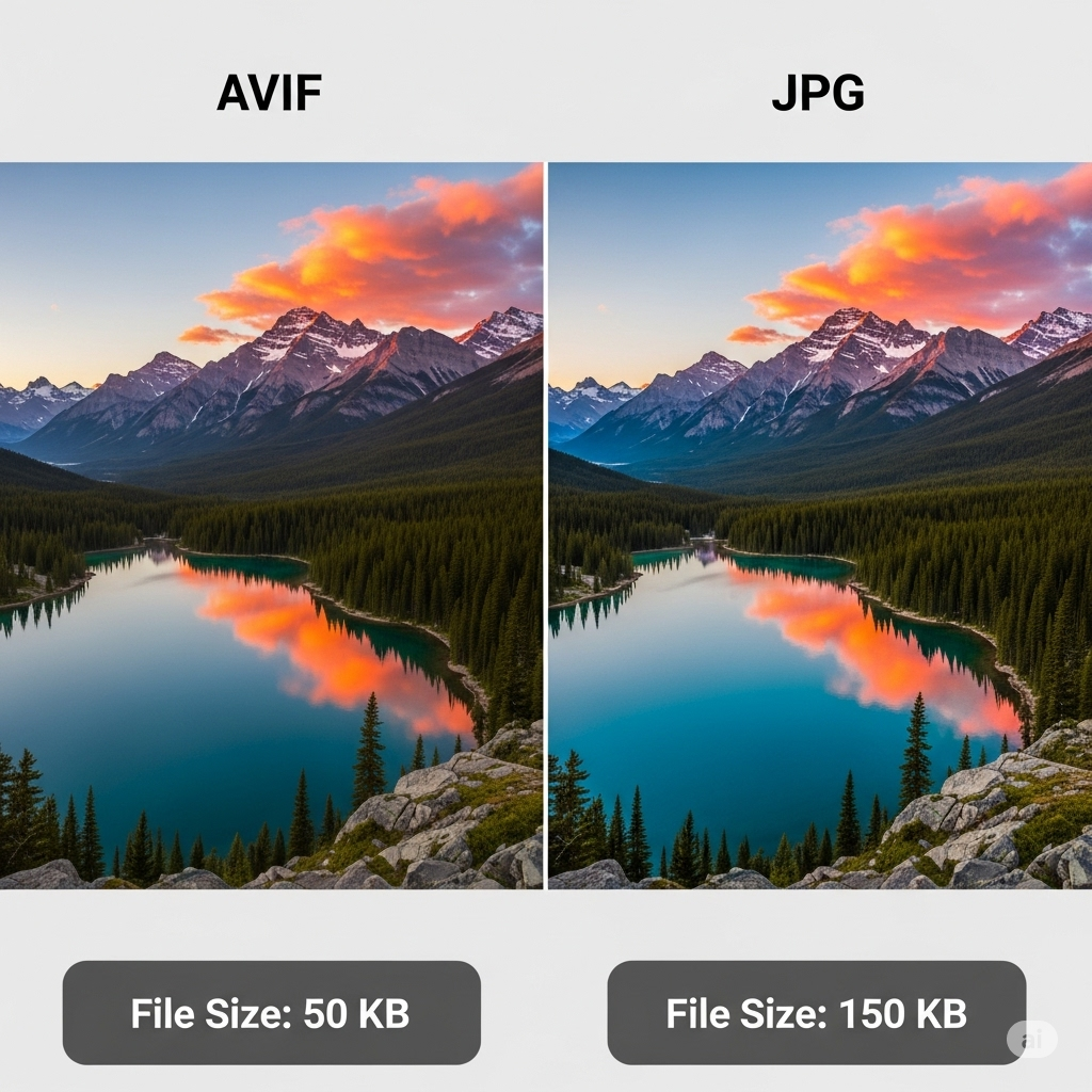 A comparison showing the smaller file size of an AVIF image compared to a JPG of the same quality.