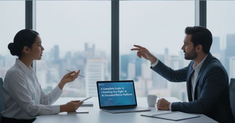 Two business professionals discussing an AI document review platform on a laptop in an office.