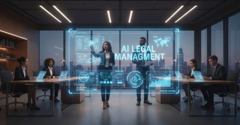 A female lawyer works at her desk with a holographic AI interface displaying legal data, while colleagues work in the background.