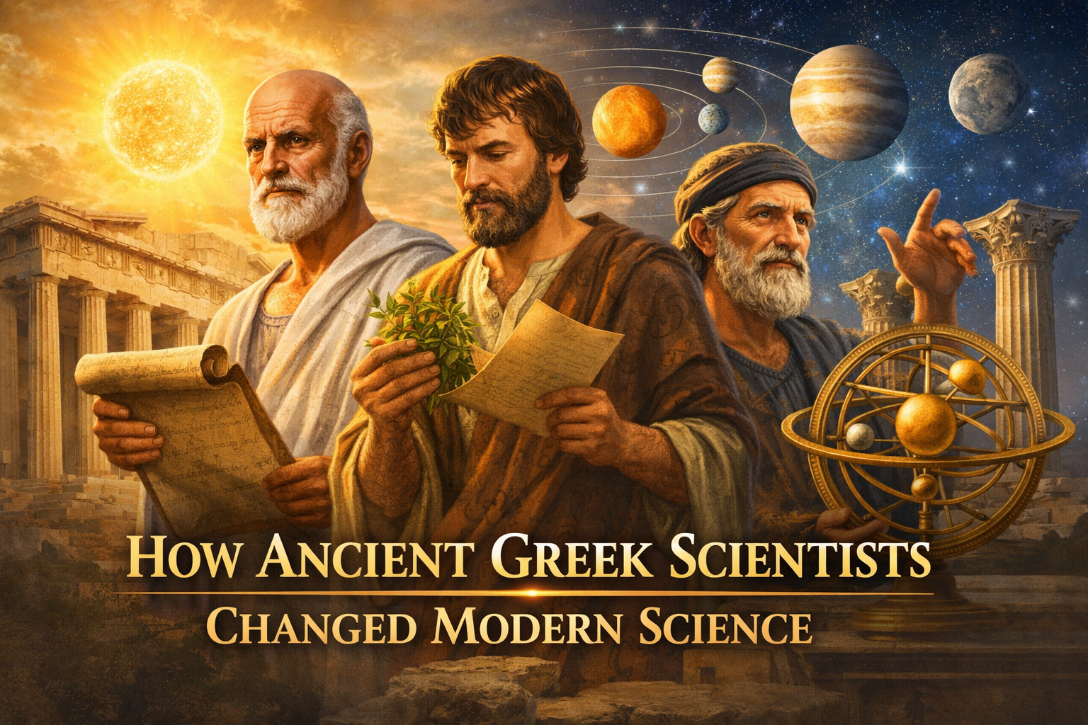 Digital illustration showing ancient Greek scientists Hippocrates, Aristotle, and Aristarchus of Samos with the Parthenon in the background, celestial sky, and armillary sphere, highlighting their contributions to modern science.