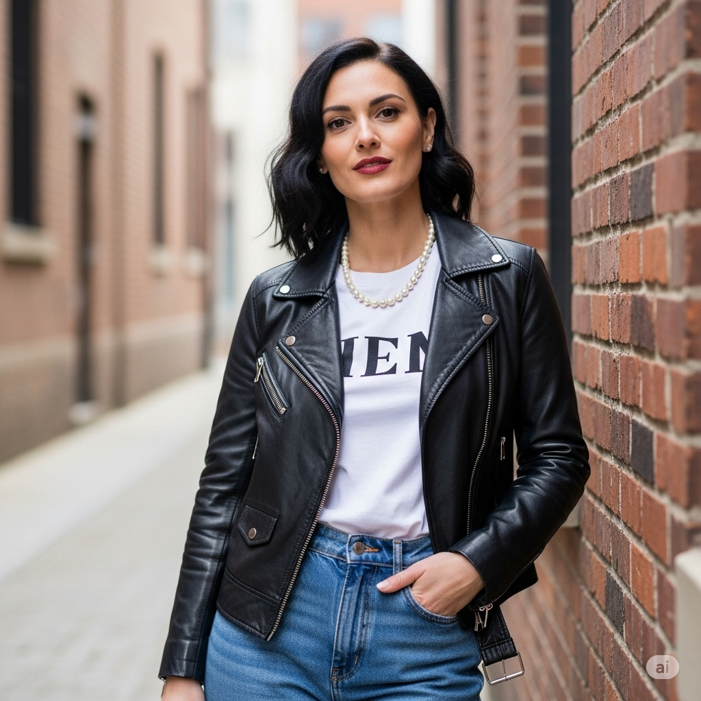 A fashionable woman effortlessly styling a vintage pearl necklace with a contemporary leather jacket and denim