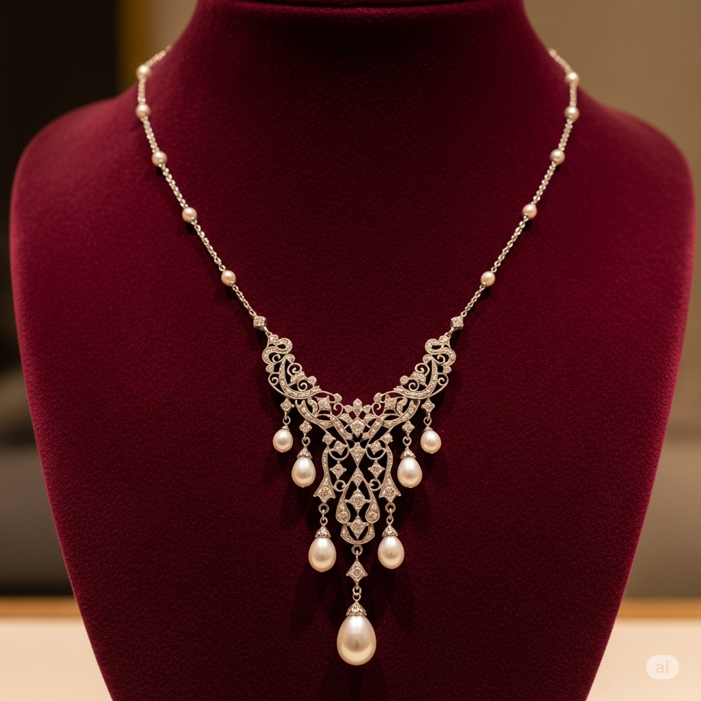 A beautiful Edwardian-style pearl and diamond lavallière necklace displayed on a classic black velvet bust.