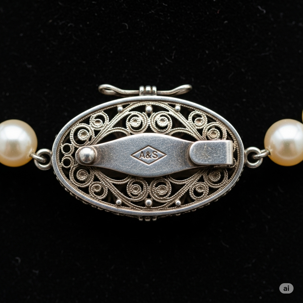 A detailed macro photograph of an antique filigree clasp on a vintage pearl necklace.