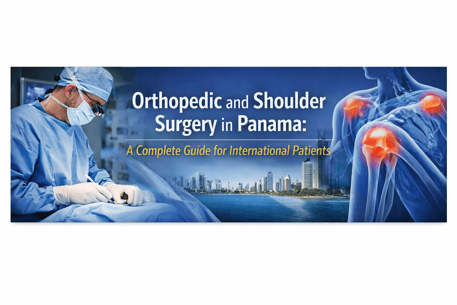 Orthopedic and shoulder surgery in Panama banner showing surgeon operating and shoulder joint illustration with Panama City skyline.