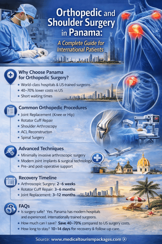 Infographic showing orthopedic and shoulder surgery in Panama including common procedures, recovery timelines, and benefits for international medical tourists.