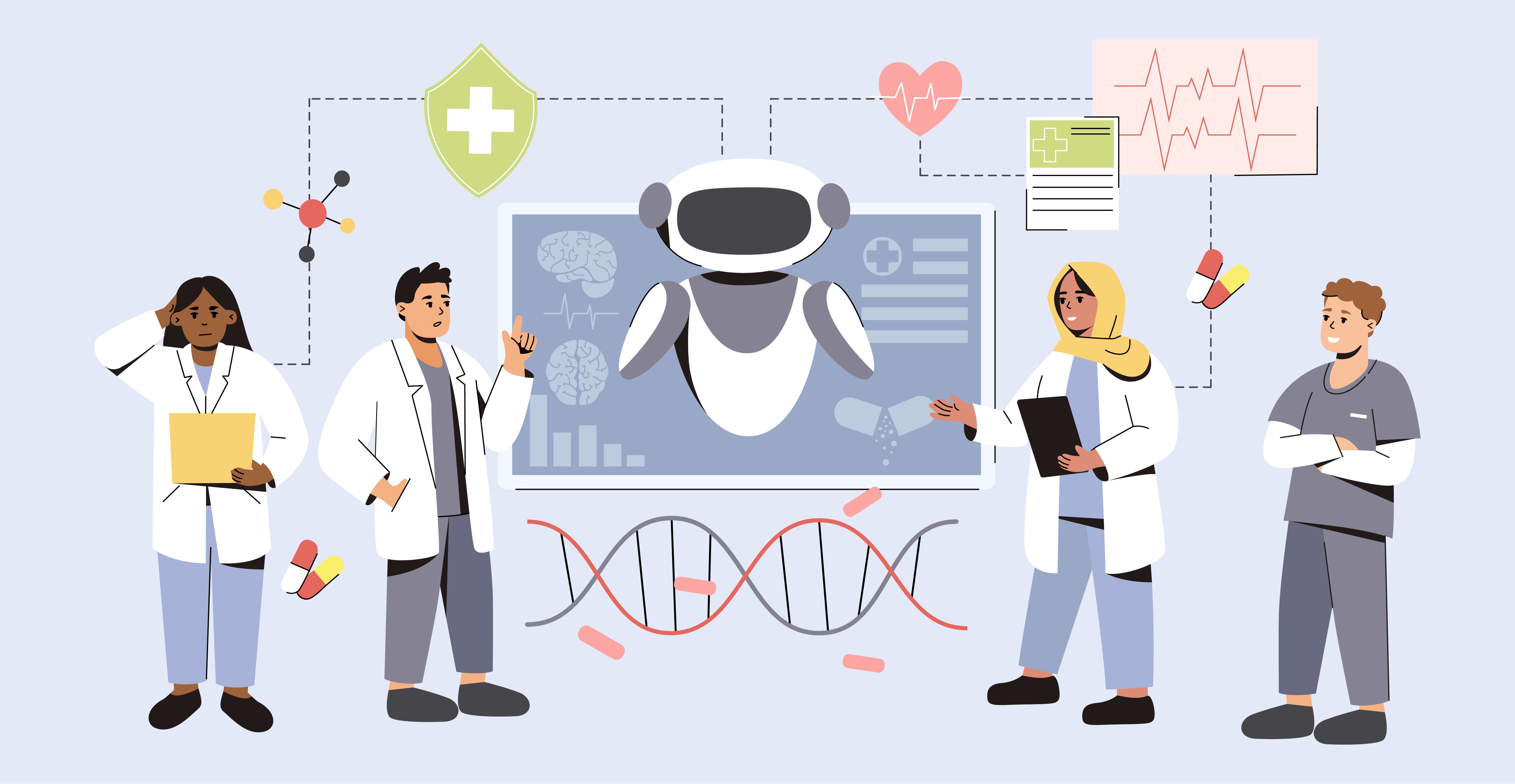 Illustration of artificial intelligence in healthcare, showing doctors using AI technology for medical diagnosis and patient treatment
