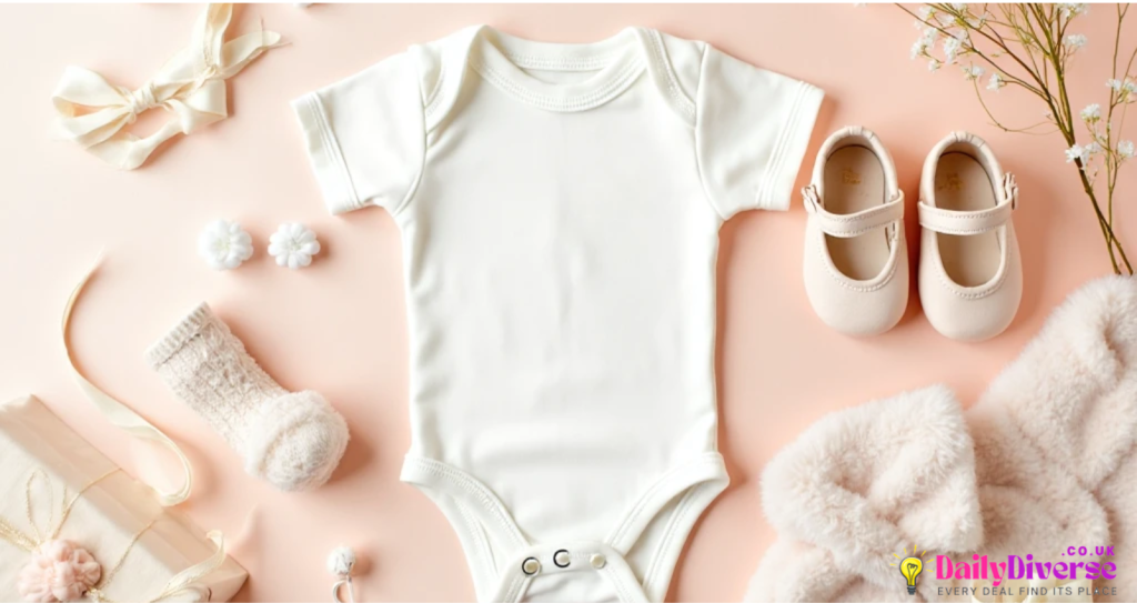 A flat lay of baby clothes (bodysuit, socks, tiny shoes) with a price tag showing a discount, pastel background, soft lighting, gift box beside clothes.