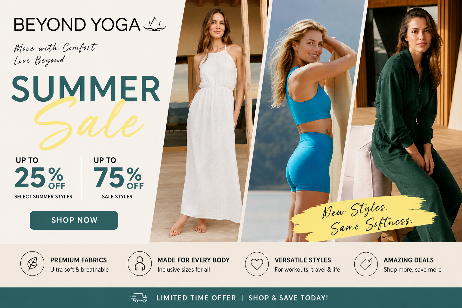 Beyond Yoga Promo Code featured image showing summer sale offers with activewear, dresses, and layering styles at up to 75% off.