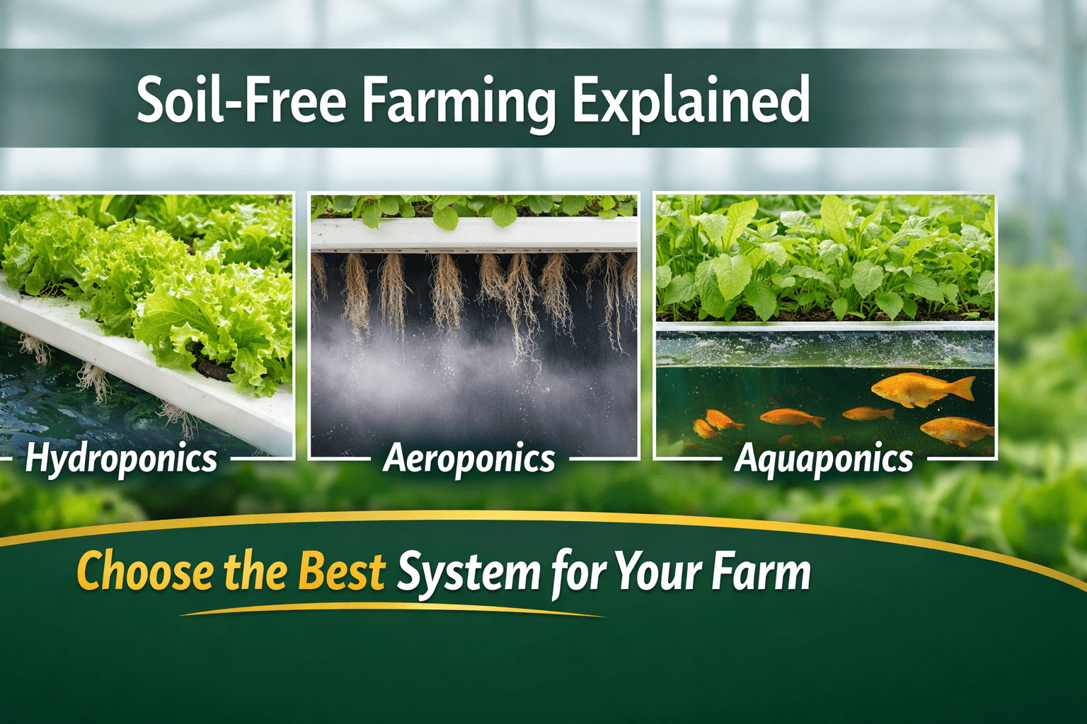 Soil-free farming comparison showing hydroponics, aeroponics and aquaponics systems