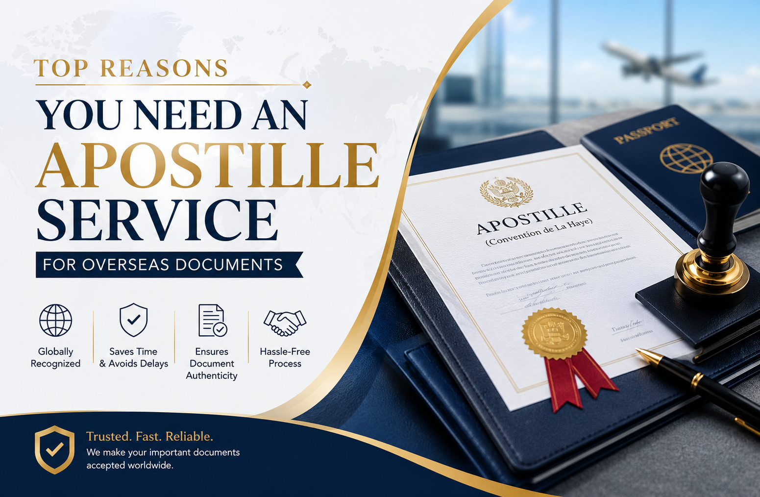 Premium banner showing an apostille certificate, passport, official stamp, and global travel theme for overseas documents.