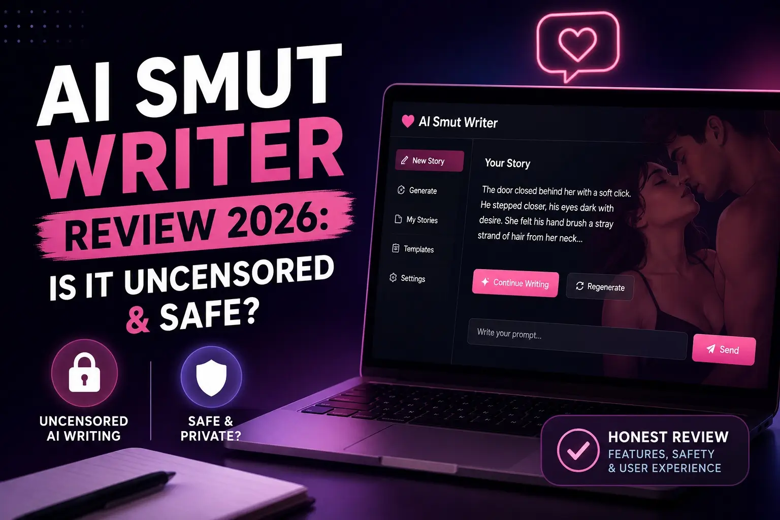"Featured image for 'AI Smut Writer Review 2026: Is It Uncensored & Safe?' showing a dark-themed AI writing interface on a laptop with bold pink and white typography. The design includes privacy and uncensored writing icons, a futuristic neon aesthetic, and a romantic AI-generated illustration to represent AI storytelling and review content."