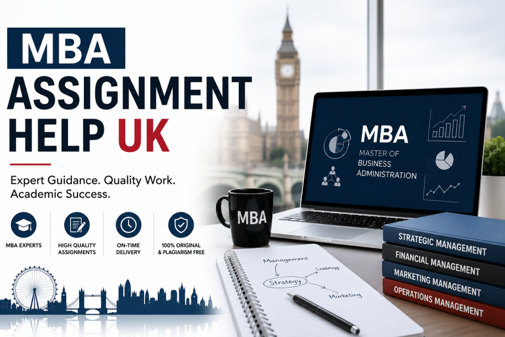 MBA Assignment Help UK featured image with study desk and London background.