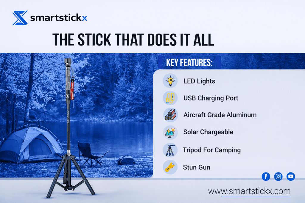 SmartstickX tactical walking stick with tripod base, featuring stun gun, mobile charging point, and snow baskets, with tagline “Confidence starts with every step – Walk safer, feel stronger.”