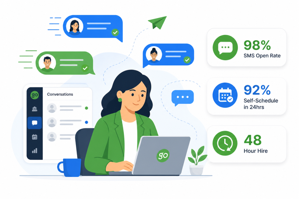GoHire text recruiting platform showing 98% SMS open rate 92% self-schedule 48 hour hire