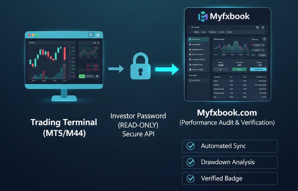 Social Trading Platforms vs. Investor Password Access: The Investor’s Guide to Verification 2 A flow chart showing data moving from a trading terminal to Myfxbook via an investor password for audit