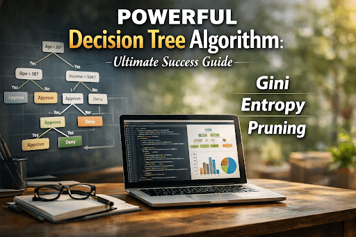 Decision tree algorithm visual showing tree structure with nodes and branches, Gini, Entropy, Pruning concepts, and Python implementation on a laptop for machine learning.