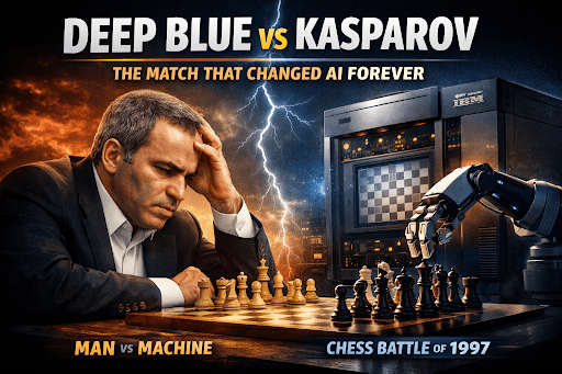 Deep Blue vs Kasparov Artificial Intelligence showcases the iconic 1997 chess match between human and machine. A focused Garry Kasparov sits intensely at the chessboard, symbolizing human strategy and emotion. Opposite him, a robotic arm represents IBM’s Deep Blue, highlighting the rise of Artificial Intelligence. Lightning and contrasting backgrounds emphasize the clash between man and machine. The scene captures a historic turning point where AI challenged human intellect at the highest level. Deep Blue vs Kasparov Artificial Intelligence remains a defining moment in the evolution of modern AI systems.