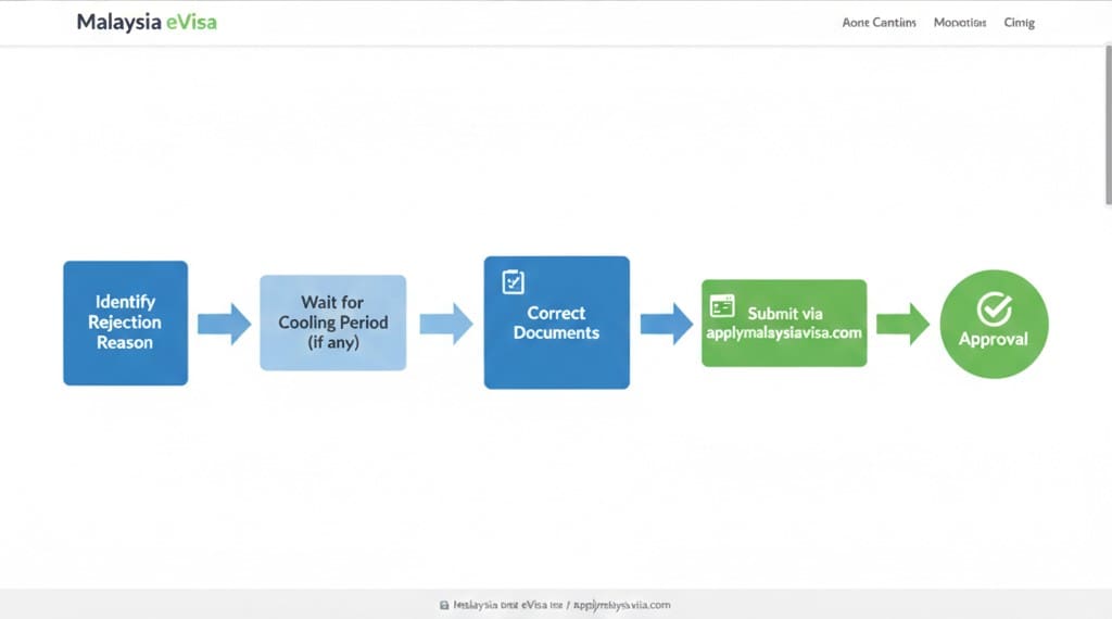 Flow chart showing Identify Rejection Reason → Wait for Cooling Period → Correct Documents → Submit via applymalaysiavisa.com → Approval