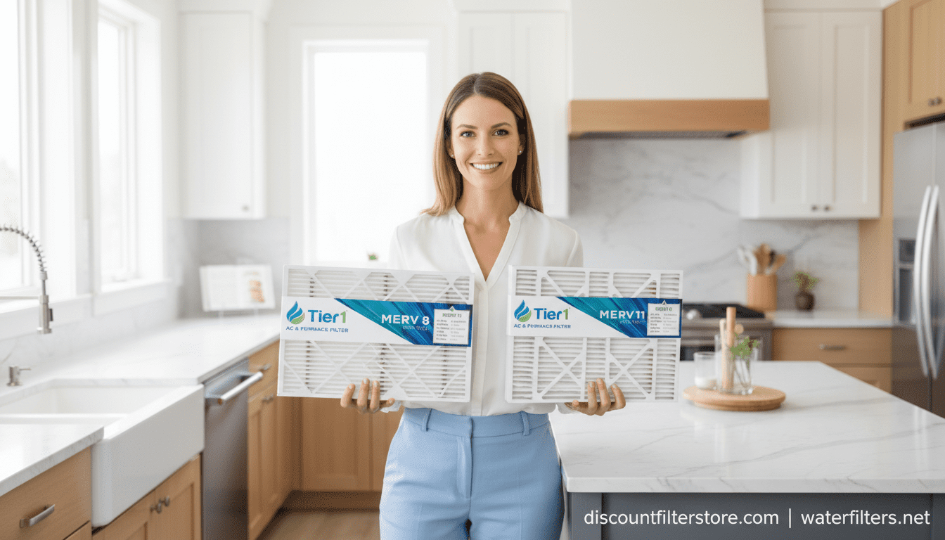 Woman holding two Tier1 20x25x4 MERV-rated furnace air filters in a bright modern kitchen.
