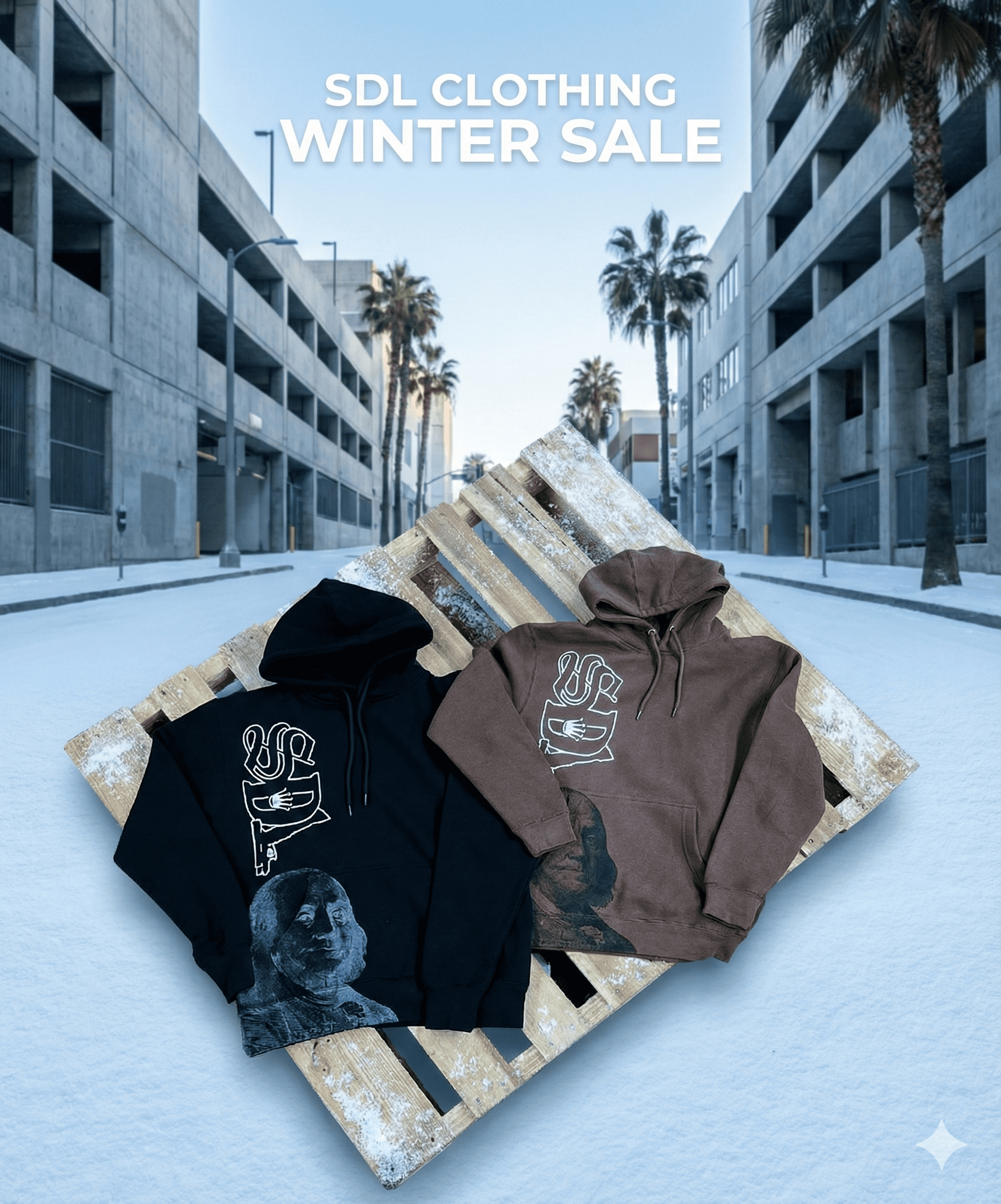Streetwear-style SDL hoodie promotion for the official SDL Clothing Winter Sale.