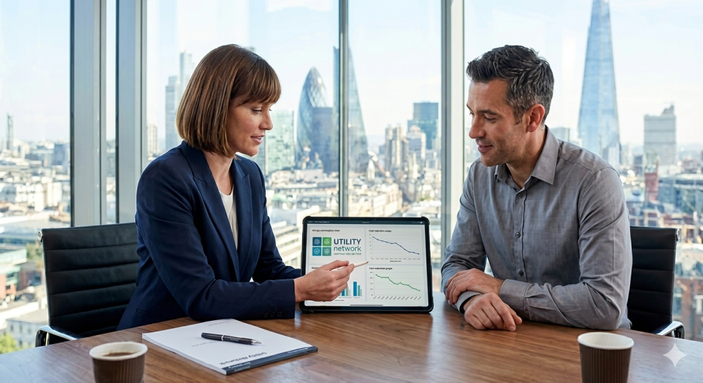 Energy brokers for business advisor presenting data-driven cost reduction results on a tablet during a professional consultation.