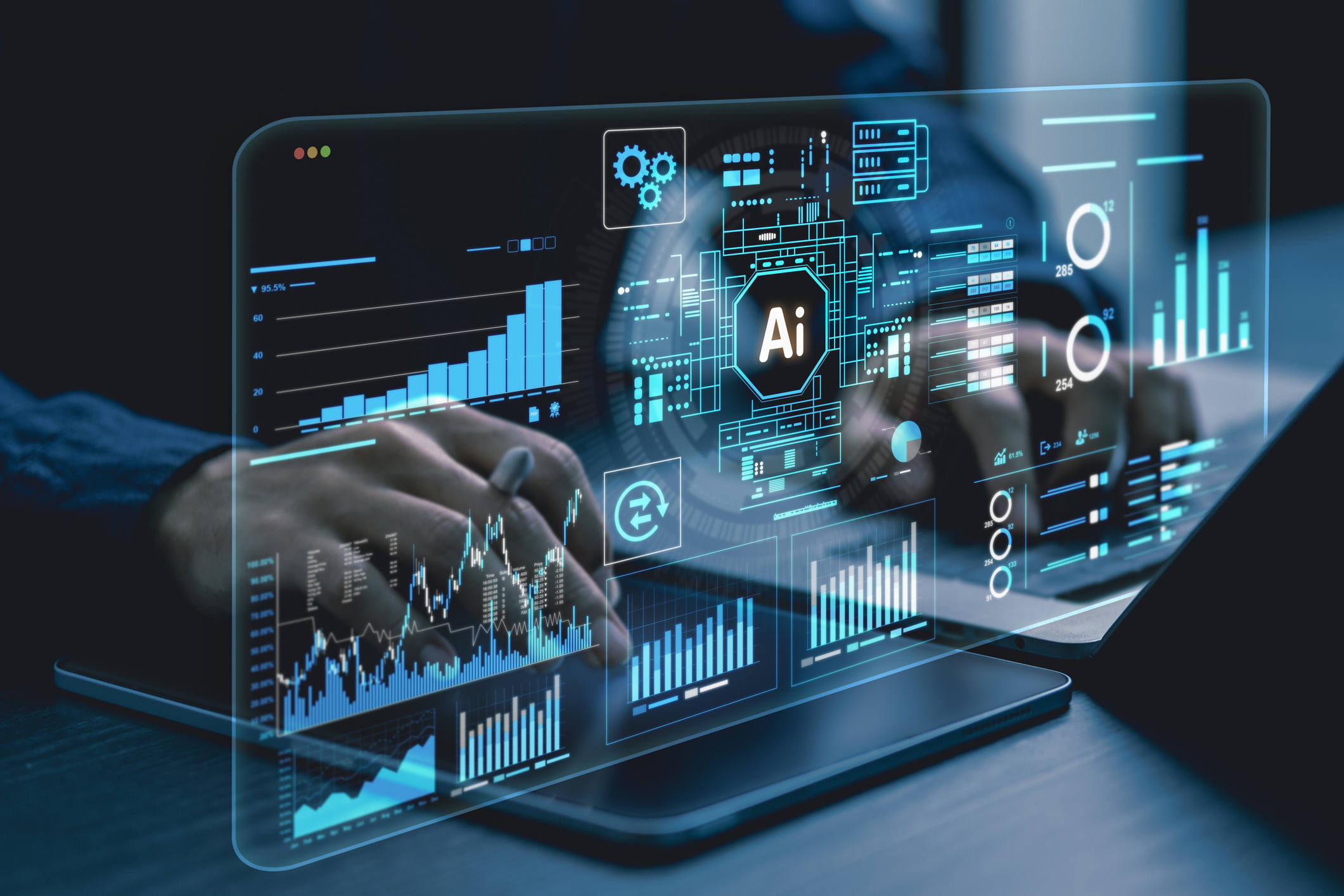 Business owner using AI tools for marketing, customer support, automation, and data analysis in 2026.