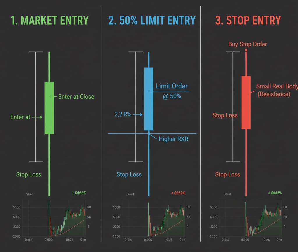 Pin Bar Strategy Explained: How to Trade Reversals with Price Action 2 Infographic B - Side-by-side comparison of Market vs. 50% Limit vs. Stop entries