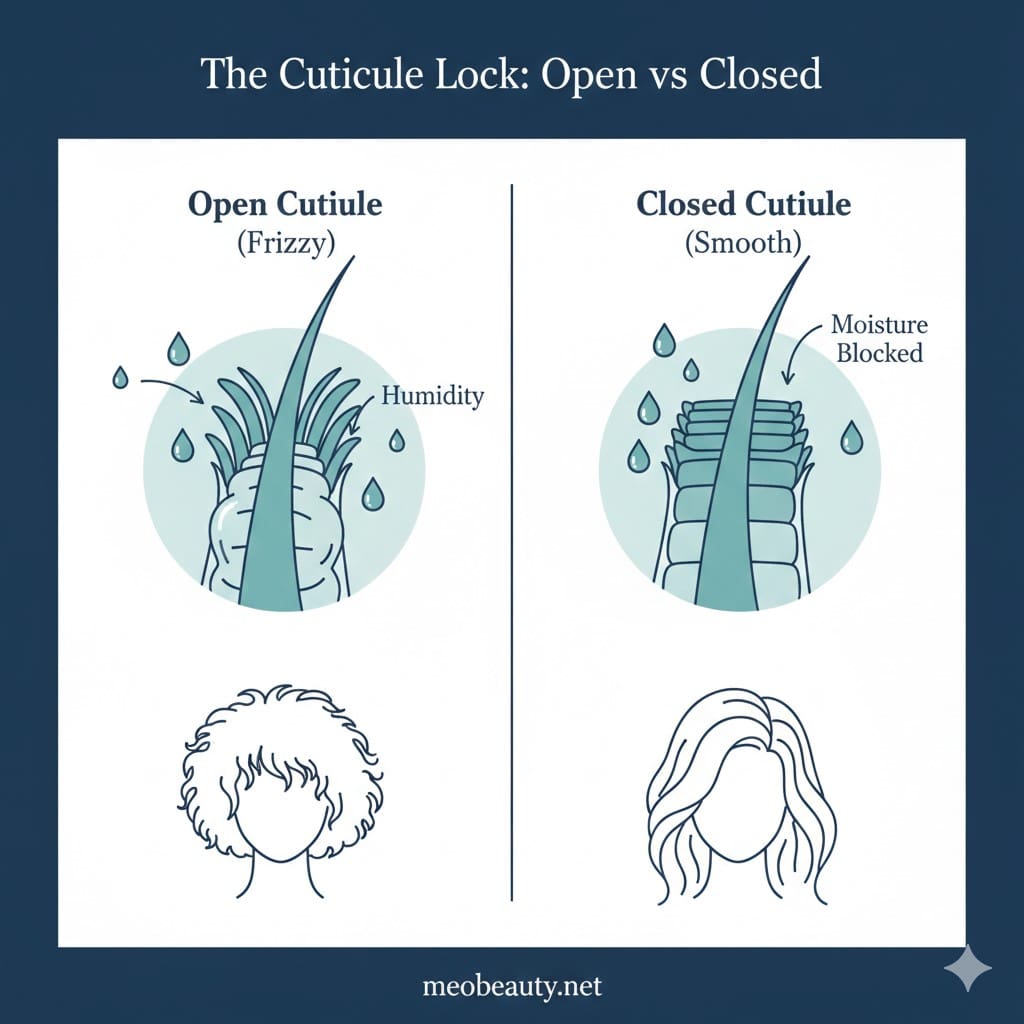 Infographic showing a closed smooth cuticle vs. an open swollen cuticle absorbing water molecules