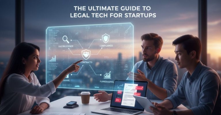 Three diverse startup founders discussing legal tech on a holographic display, with a gavel and contracts on the table.