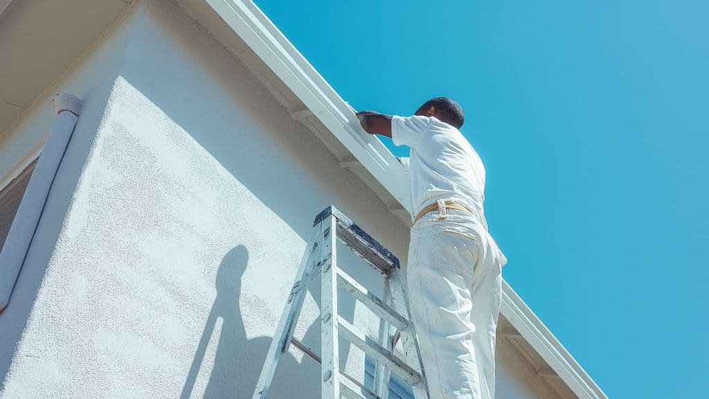 Painter-sanding-a-wall-and-preparing-surfaces-before-painting-with-Sherwin-Williams-paint-cans-nearby
