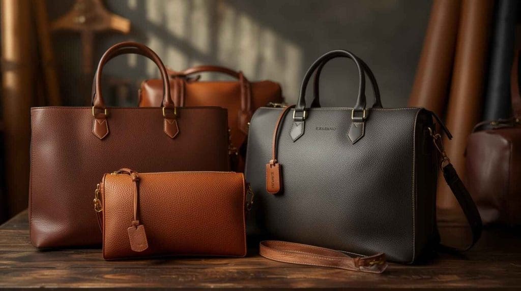 Collection of Italian leather handbags and satchels on a wooden table in a modern workshop, showing craftsmanship and quality, Era Bags branding visible.