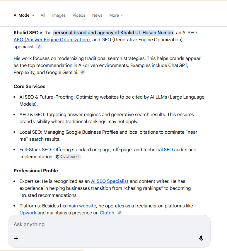 My brand name "khalid seo" showing on the AI Mode