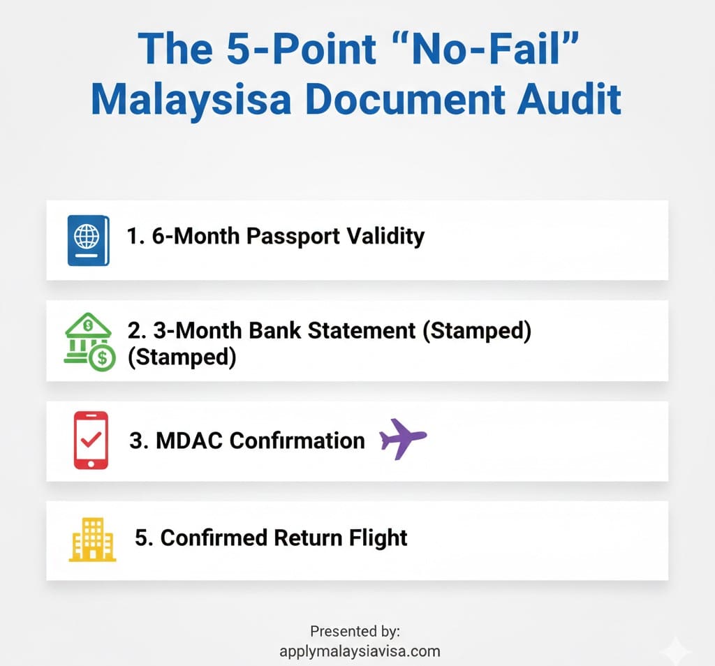 The 5 Point No Fail Document Audit. A simple infographic listing 6 month passport validity 3 month bank statement MDAC confirmation confirmed return flight and hotel booking