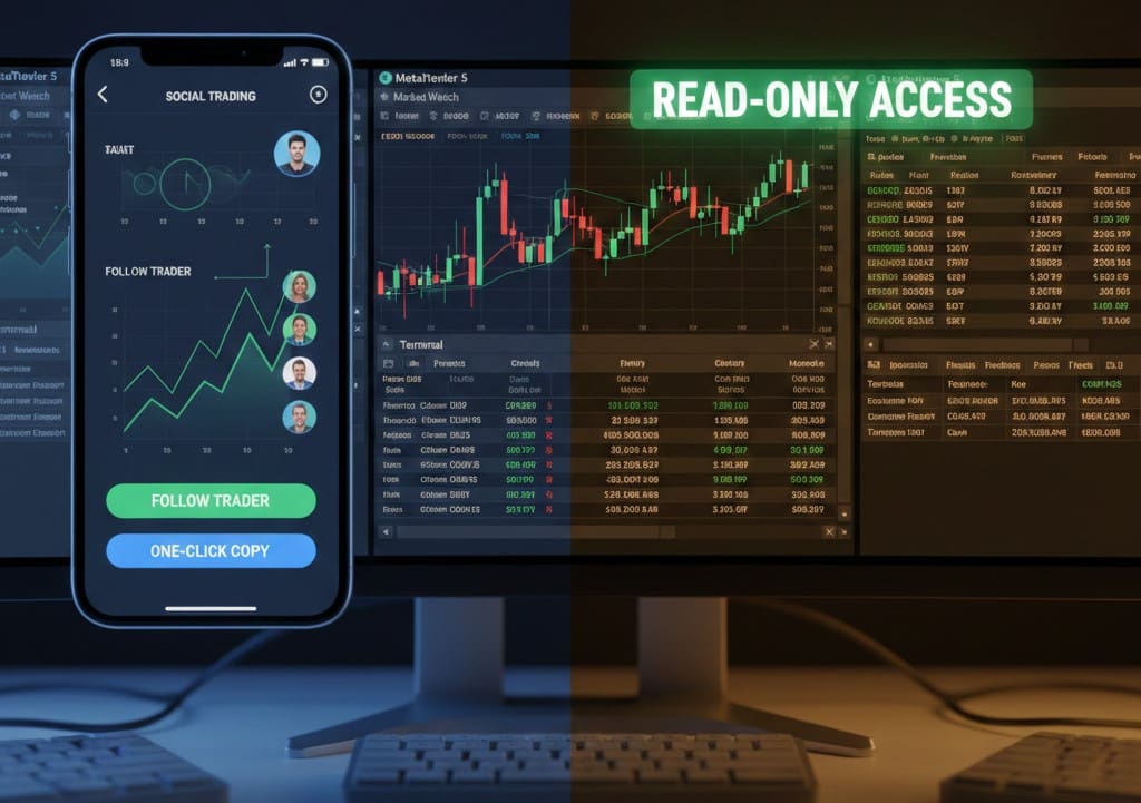 Social Trading Platforms vs. Investor Password Access: The Investor’s Guide to Verification 1 A split-screen 3D render. One side shows a sleek mobile app interface; the other shows a professional MT4 terminal with a "Read-Only" badge