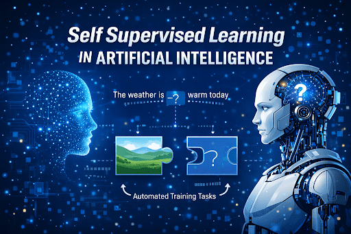 Illustration of self supervised learning in artificial intelligence showing AI models learning patterns from unlabeled data using neural networks and automated training tasks.