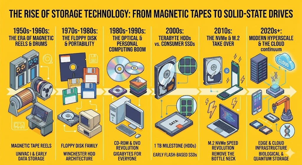 A vibrant yellow infographic timeline illustrating the rise of storage technology, from 1950s magnetic tape reels and the first hard drives to modern NVMe M.2 SSDs. The visual spans decades of innovation, including the floppy disk era, the CD-ROM revolution, and contemporary hyperscale cloud and biological storage solutions.