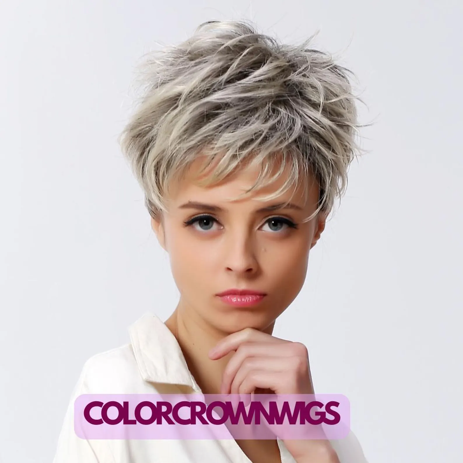White Short Hair Wig with Flower