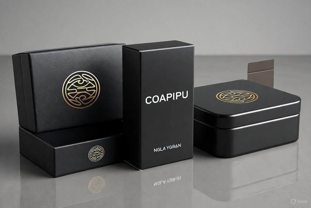 Premium tobacco packaging including cigar box with gold logo and elegant vape cartridge box on reflective surface