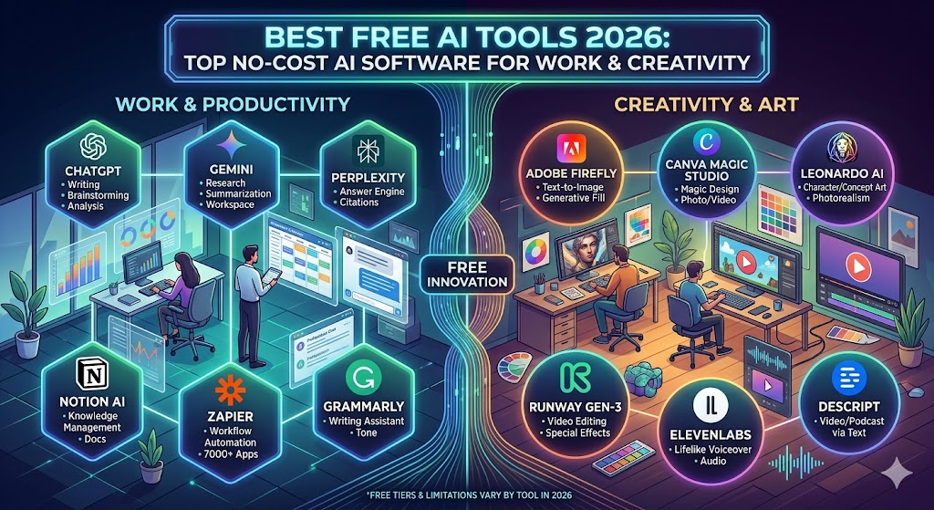 An elaborate infographic title banner, "BEST FREE AI TOOLS 2026: TOP NO-COST AI SOFTWARE FOR WORK & CREATIVITY," introduces this split visualization. The illustration is neatly divided into a blue-themed left side for "WORK & PRODUCTIVITY" and a multi-colored right side for "CREATIVITY & ART." Both sections feature distinct columns of prominent best free AI tools 2026 with associated logos and key features. On the left, hexagonal panels display tools like CHATGPT for Writing, GEMINI for Research, and PERPLEXITY as an Answer Engine, alongside NOTION AI, ZAPIER, and GRAMMARLY, all shown within a professional office context with working figures. The right side uses circular panels to showcase creative platforms like ADOBE FIREFLY for Text-to-Image and CANVA MAGIC STUDIO for design, next to LEONARDO AI, RUNWAY GEN-3, ELEVENLABS, and DESCRIPT, set in an artistic studio environment. The two halves converge at a central glowing pathway labeled "FREE INNOVATION," emphasizing the integrated role of these best free AI tools 2026 across different fields. The detailed visual guide concludes with a footer disclaimer about varying free tiers.