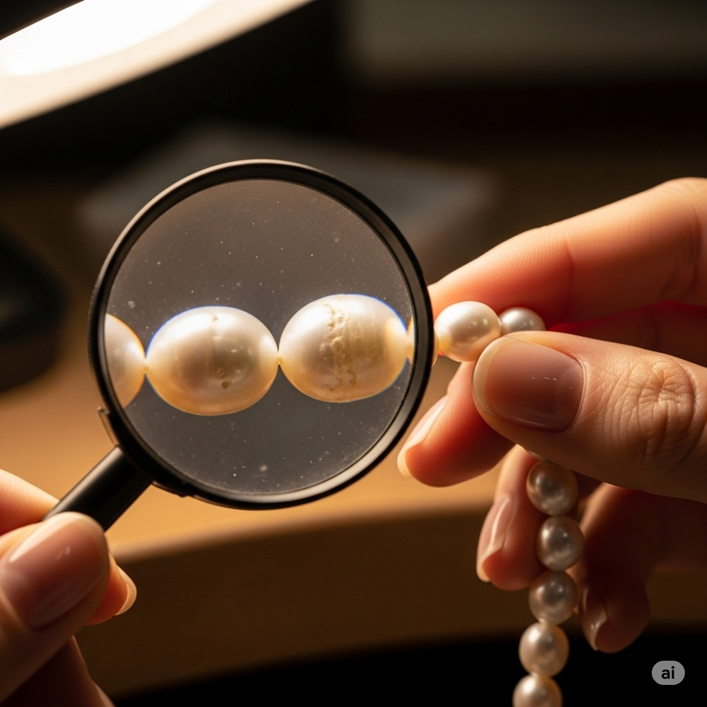 A close-up of a hand holding a magnifying glass over a strand of vintage pearls to inspect their luster and surface.