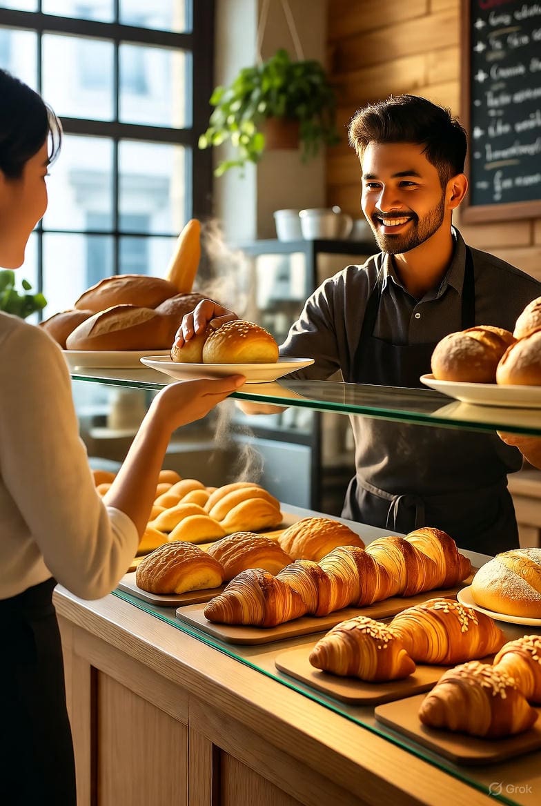 A warm artisan bakery with fresh pastries, wooden decor, and a friendly baker serving a customer, symbolizing memorable bakery experiences.