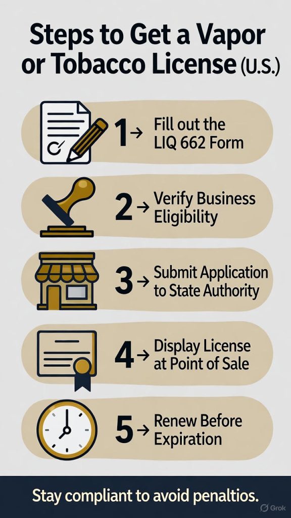Infographic showing five steps to apply for a vapor or tobacco retail license in the U.S.