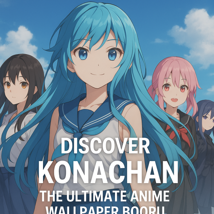 Anime girls in school uniforms with text "Discover Konachan – The Ultimate Anime Wallpaper Booru" over a blue sky background