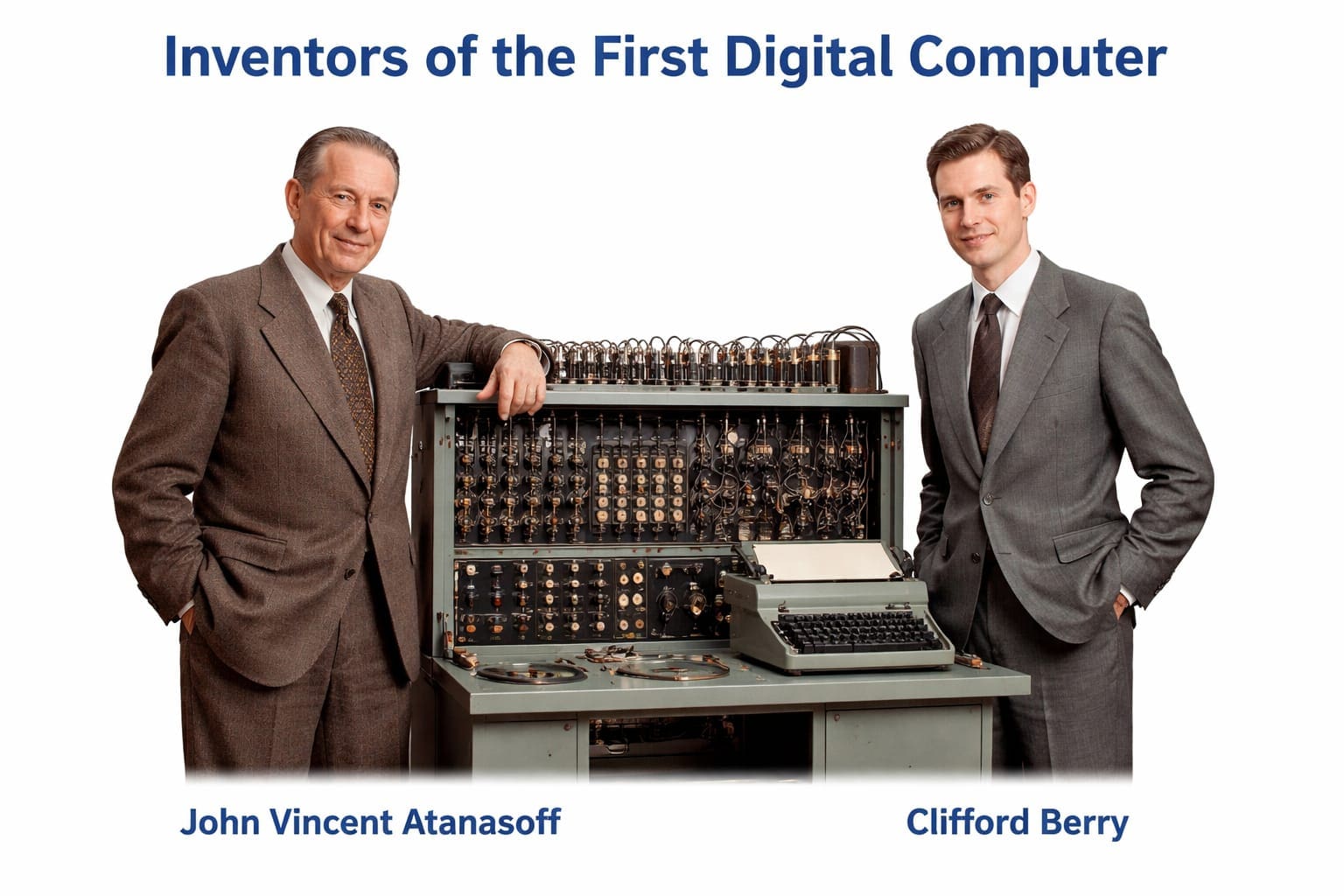 The first digital computer is shown with its inventors standing beside the machine. This image highlights the Atanasoff–Berry Computer, known as the first digital computer. Two scientists are presented next to early computing hardware on a clean white background. The first digital computer features visible circuits, wires, and mechanical components. The inventors of the first digital computer are dressed formally, representing innovation. Overall, the image illustrates the historical importance of the first digital computer in technology.