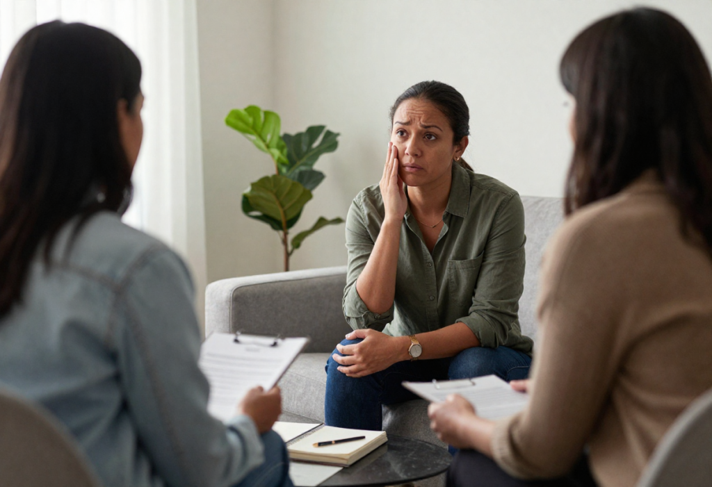 Client speaking with anxiety therapist san antonio at atxanxiety in a calm counseling environment.