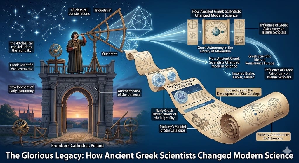 An infographic illustrating how ancient greek scientists changed modern science, set against a deep blue background. The visual contrasts early geocentric models with the rise of heliocentrism, featuring scientific giants like Copernicus, Kepler, and Galileo. It highlights key ptolemy contributions to astronomy alongside other contributions to astronomy such as Hipparchus' star catalogs, tracing the historical lineage of the Copernican revolution.